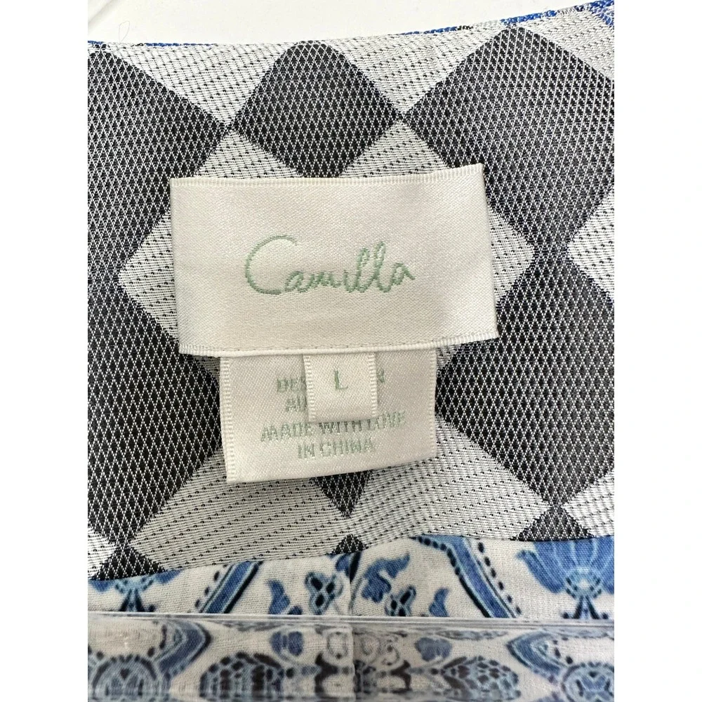 Camilla Peplum Blazer Size L Blue White Mosaic Print Crystal Embellished Art